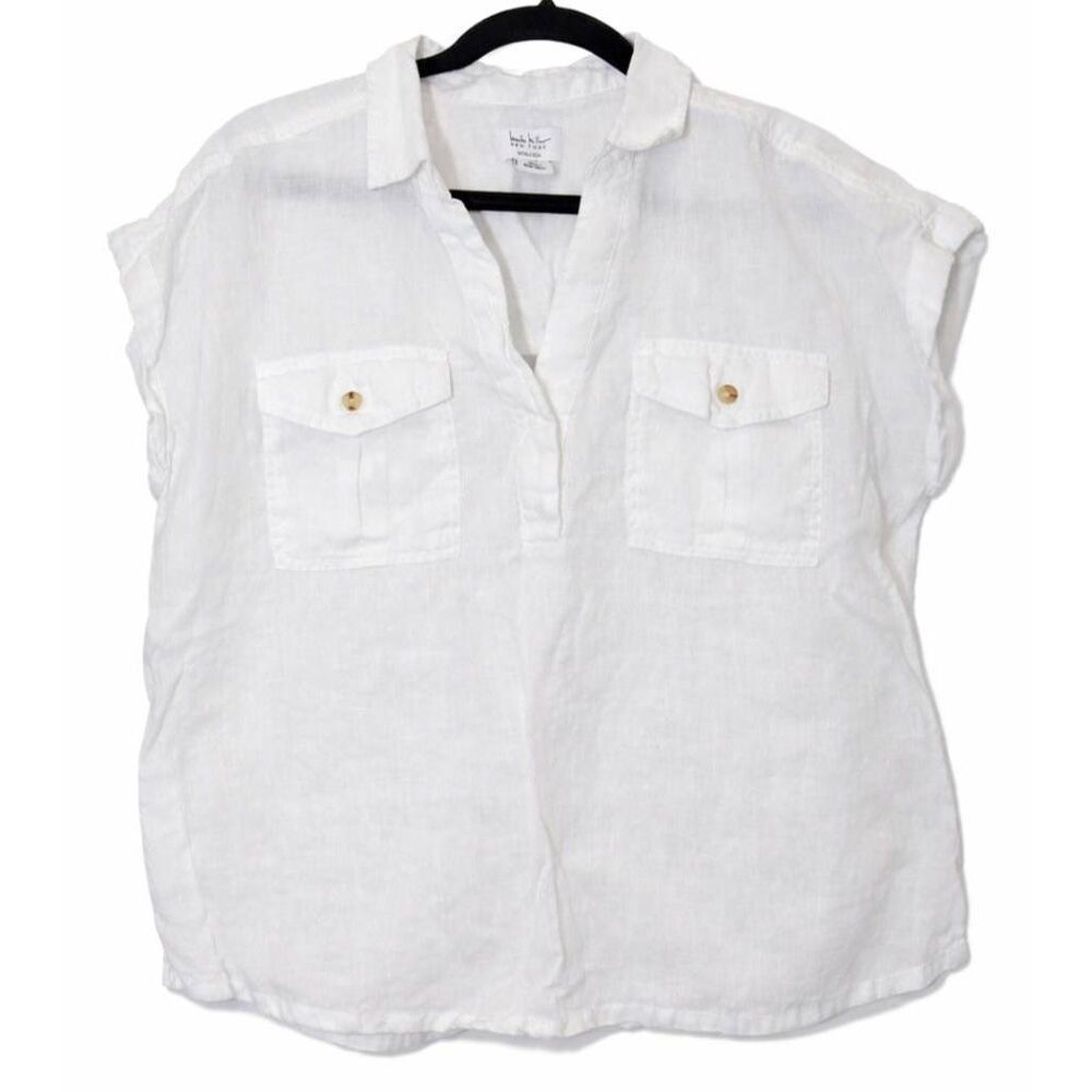 Nicole miller womens large 100% linen white tab sleeve shirt top boxy blouse